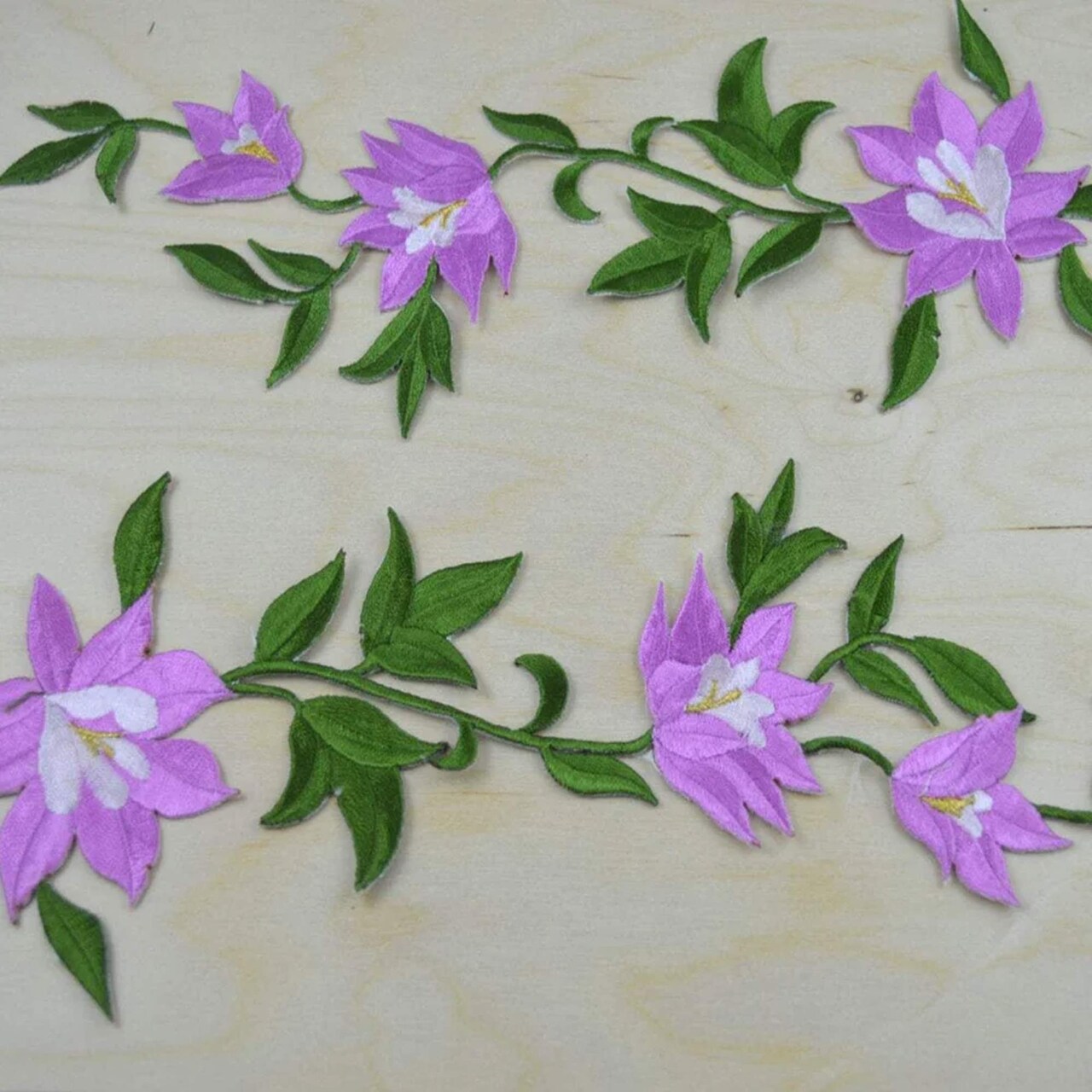 2 Pieces Lavender Lily Flower Appliques Embroidered with Green Vines & Iron-On Backing for DIY Crafts & Clothing